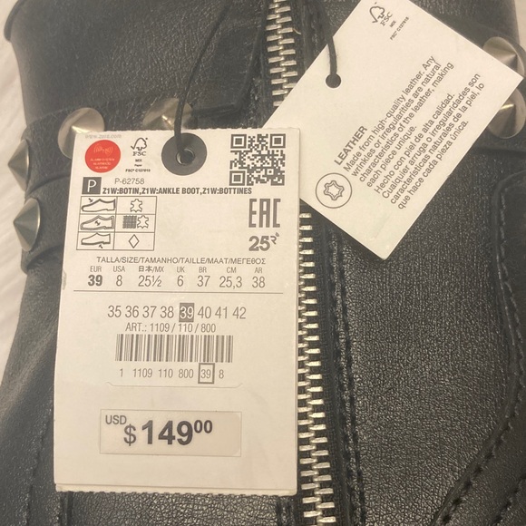 Zara Black Leather Ankle Boots with Studded Straps Size 8 - Picture 7 of 9